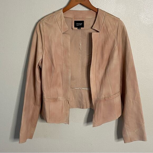 LaMarque Women's Cropped Moto Jacket Size Large Leather Light Pink Open Front - Picture 2 of 10